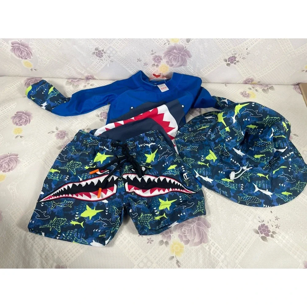 Toddler 3 pc Swim Trunks, Long Slv Shirt And Matching Hat Sz 6-9‎ Month